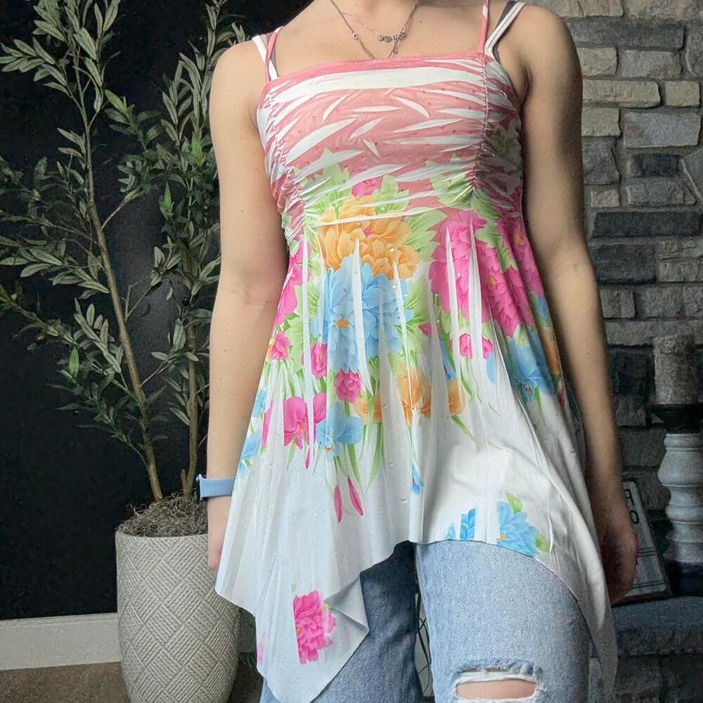 Wet seal y2k multicoloured floral fairycore asymmetrical tank top size small